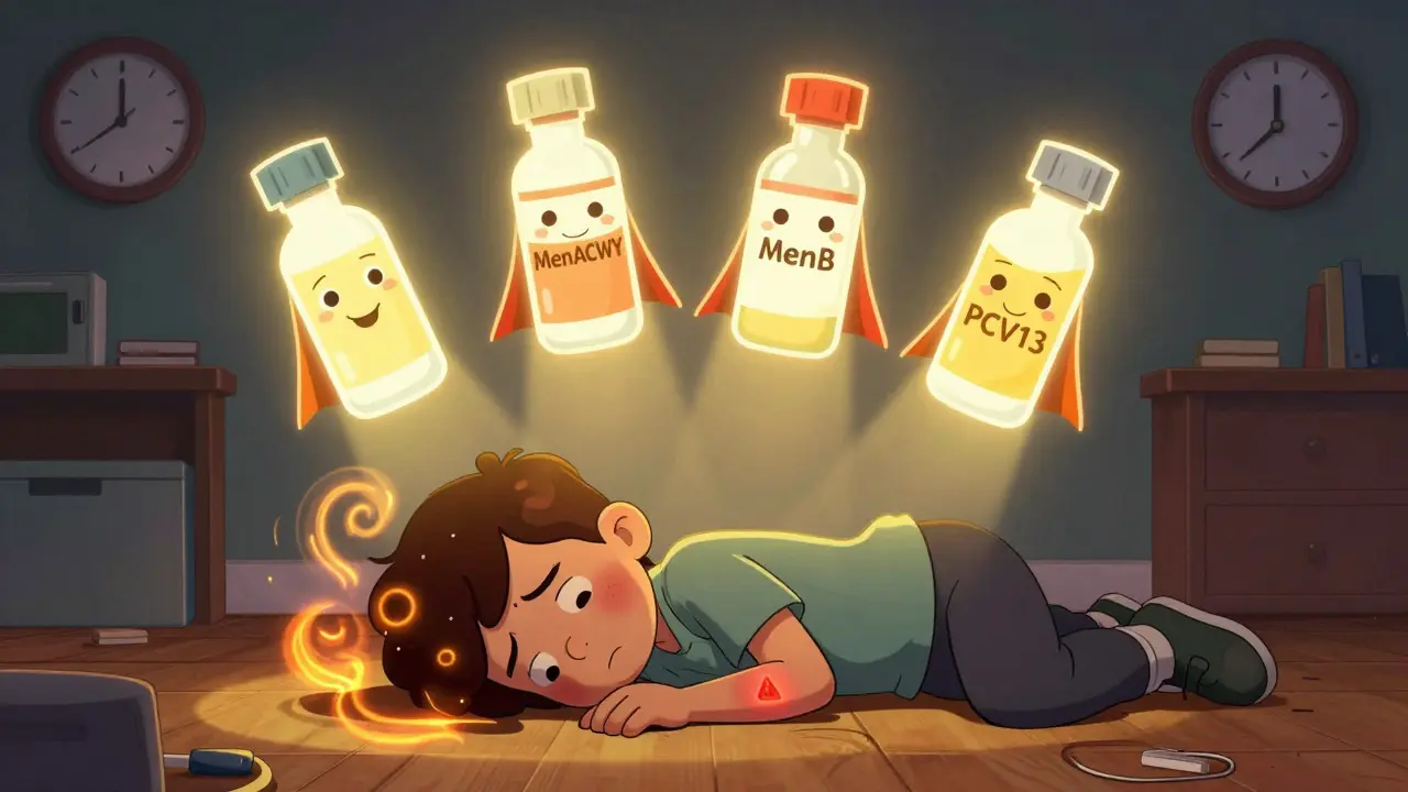 A teen in a dorm with fever swirls as four vaccine icons shine protective light.