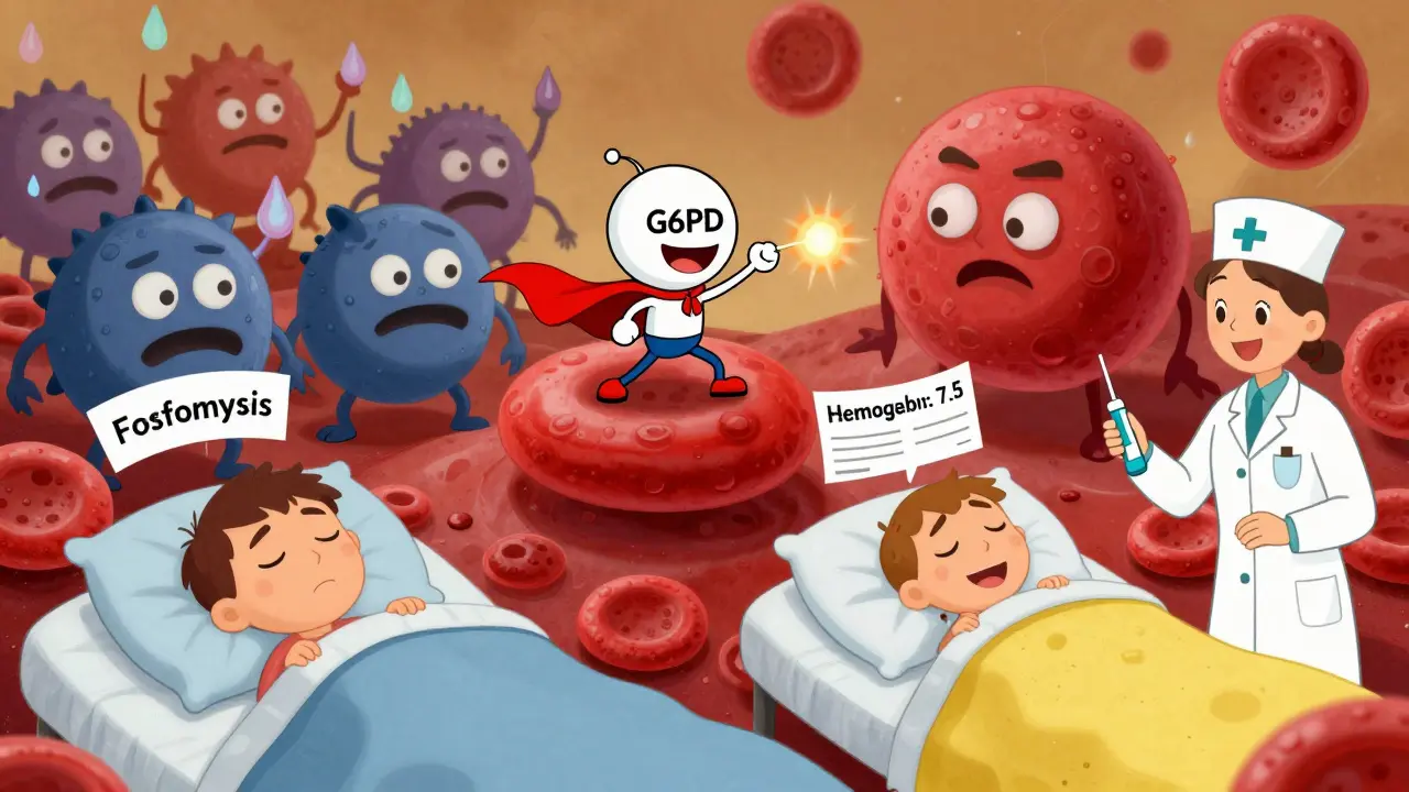 A tiny G6PD hero fights free radicals on a red blood cell, while a safe antibiotic heals another patient nearby.
