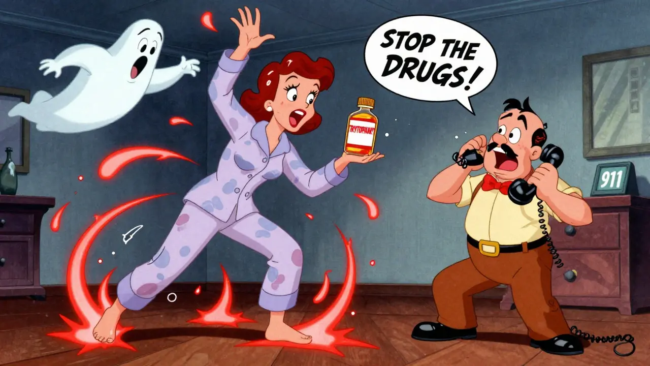 A woman's body spazzing with muscle spasms as her husband calls for help, surrounded by floating pill bottles.