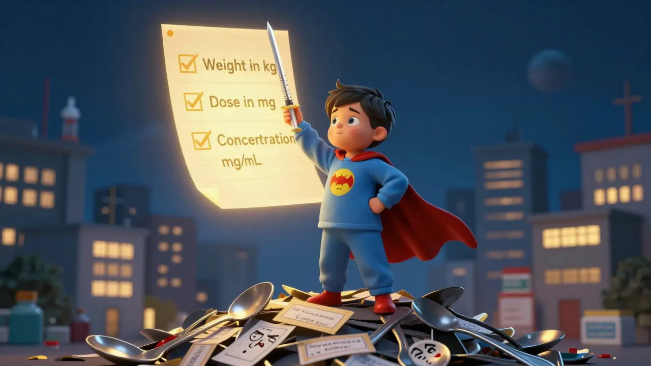 Child superhero standing on discarded spoons, holding a syringe while a glowing safety checklist shines above.