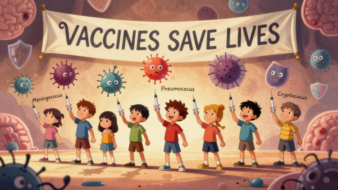 Children using syringes as magic wands to zap away meningitis germs.