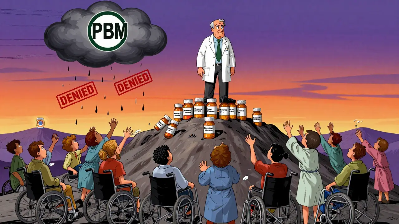 Doctor atop brand-name drug mountain as patients below plead against a storm of insurance denials.