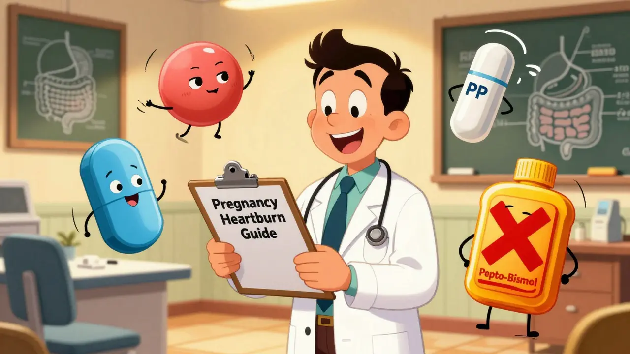Doctor holding guide surrounded by friendly medication characters, Pepto-Bismol with red X, whimsical exam room.