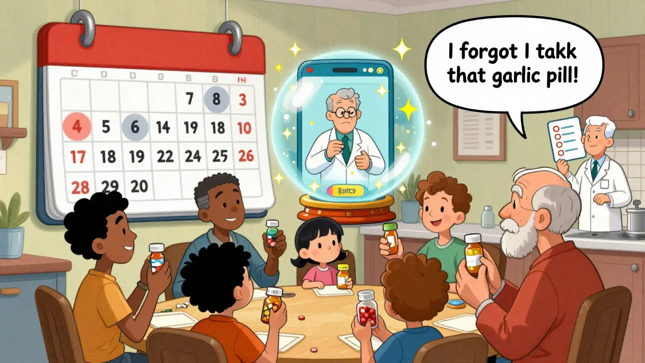 Family at kitchen table reviewing medications, animated app interface above them showing warning sparks and a checklist.