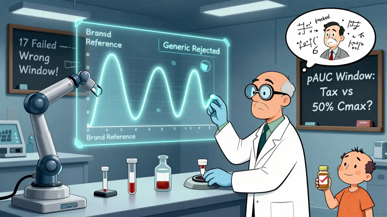 Futuristic FDA lab with glowing drug curves, rejected generic labeled, scientist adjusting pAUC window dial, patient smiling with pill bottle.