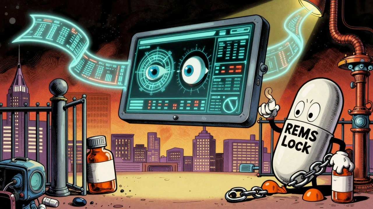 Futuristic REMS dashboard with digital health data and generic drugs blocked by a giant branded pill.