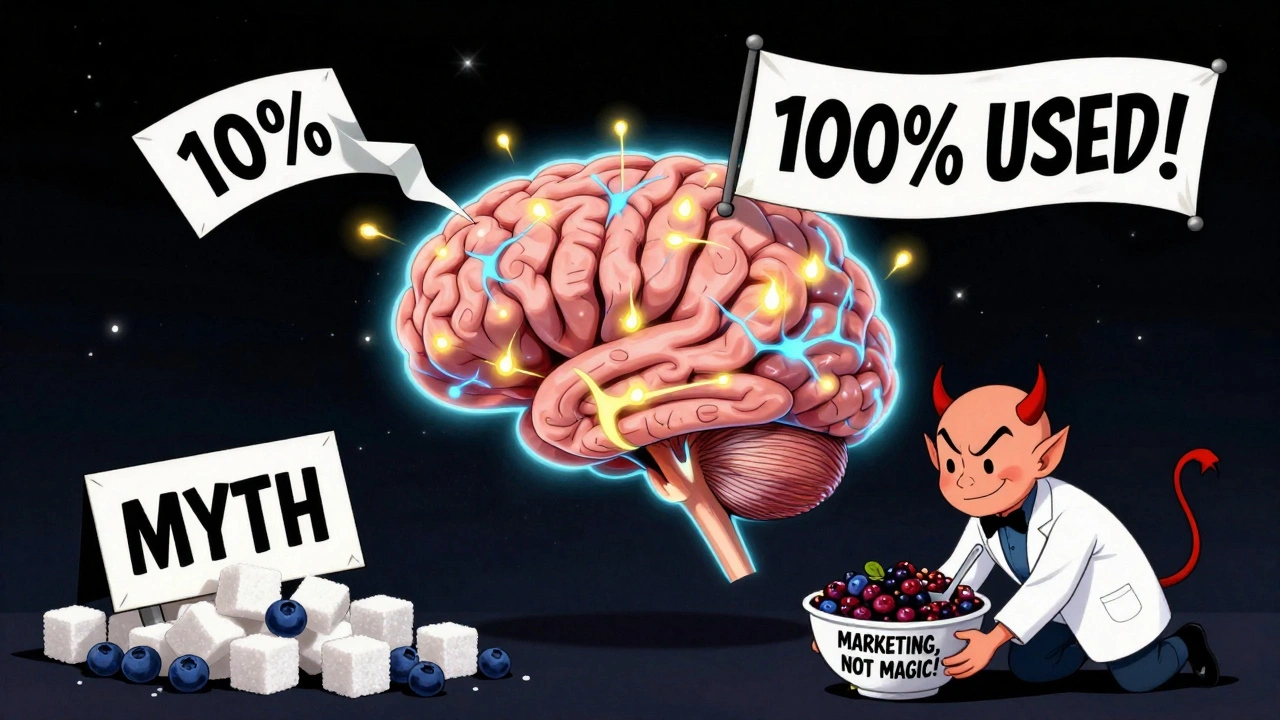 Glowing brain with all parts active, &#039;10%&#039; label falling off