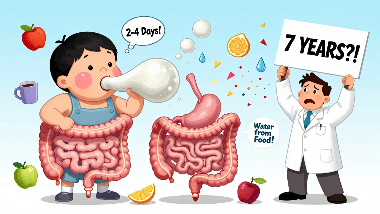 Gum traveling through a comical digestive system with &#039;2-4 Days!&#039; signs