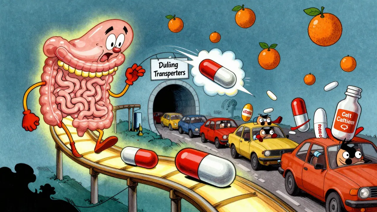 Human gut as a rollercoaster where iron and calcium pills race through a narrow tunnel, antibiotics stuck behind.