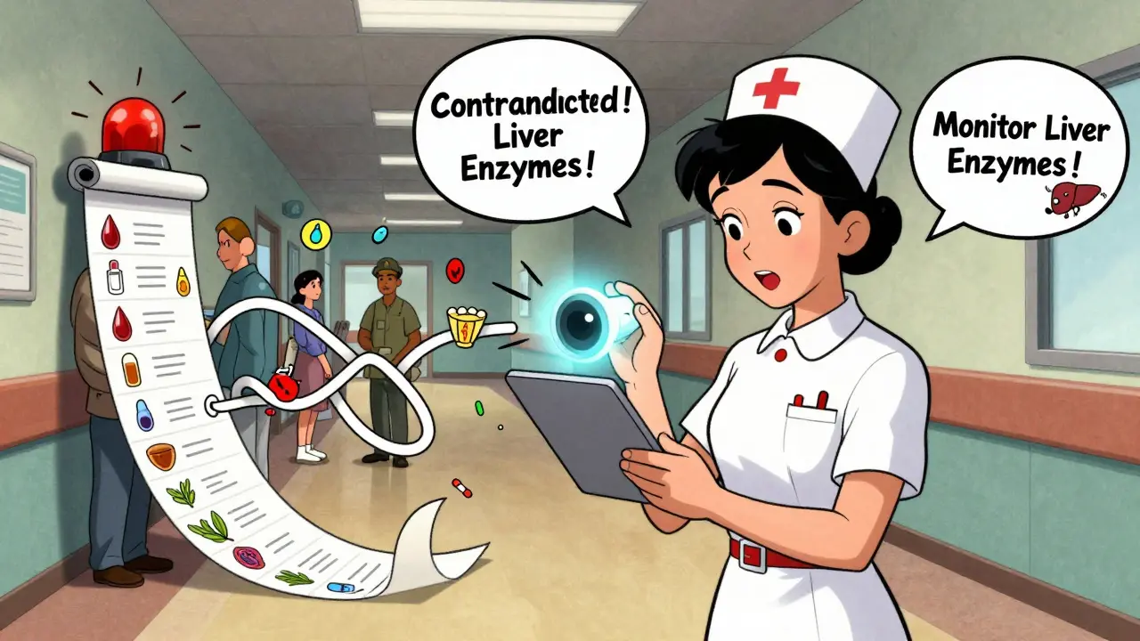 Nurse scanning a pill with a tablet in a hospital hallway, animated drug alerts bursting from the screen in cartoon bubbles.