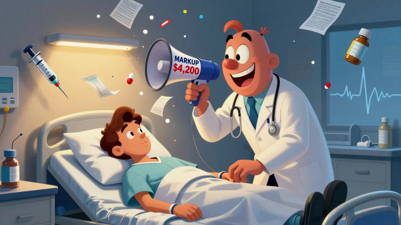 Oncologist caring for patient while a giant PBM mascot mocks them with inflated drug prices.