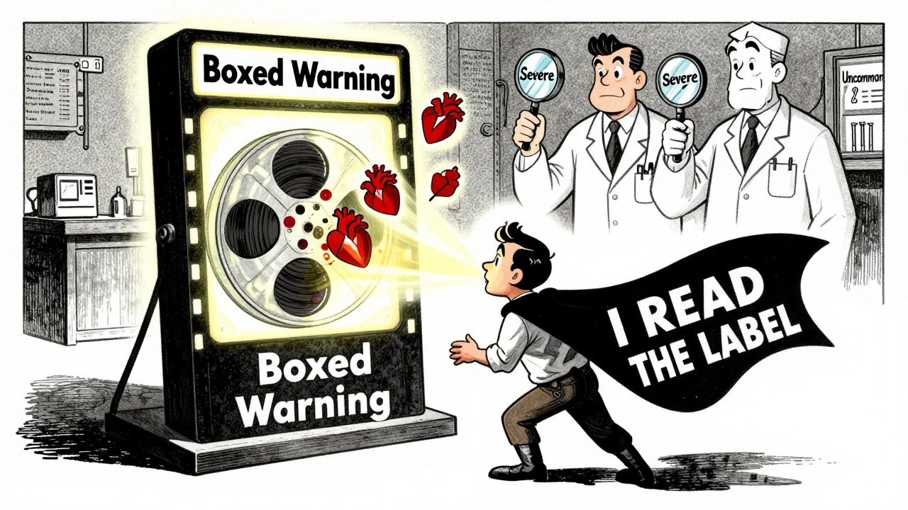 Patient facing a glowing boxed warning with medical icons, doctor and pharmacist helping decode risks in Fleischer Studios style.