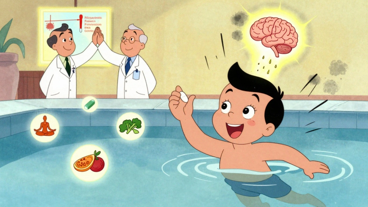 Patient taking oral pill while swimming, with doctors celebrating reduced inflammation in cartoon style.
