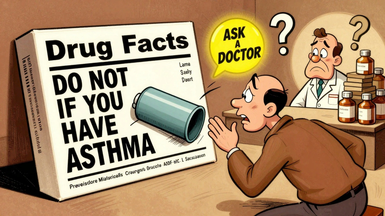 Person scanning an OTC medicine label with &#039;Do Not Use&#039; text transforming into an inhaler, in 1930s cartoon style.