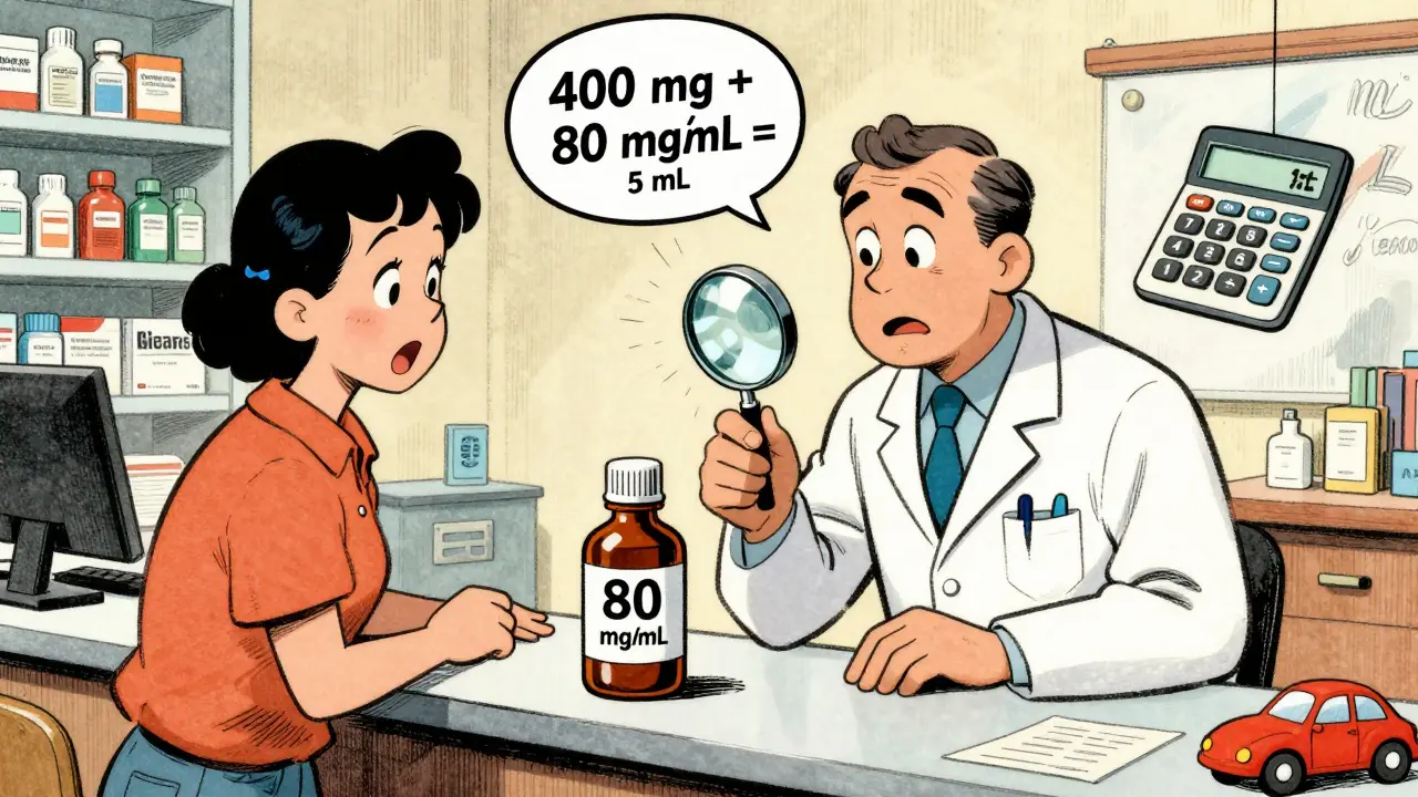 Pharmacist and parent checking medication concentration with a magnifying glass and floating calculator.