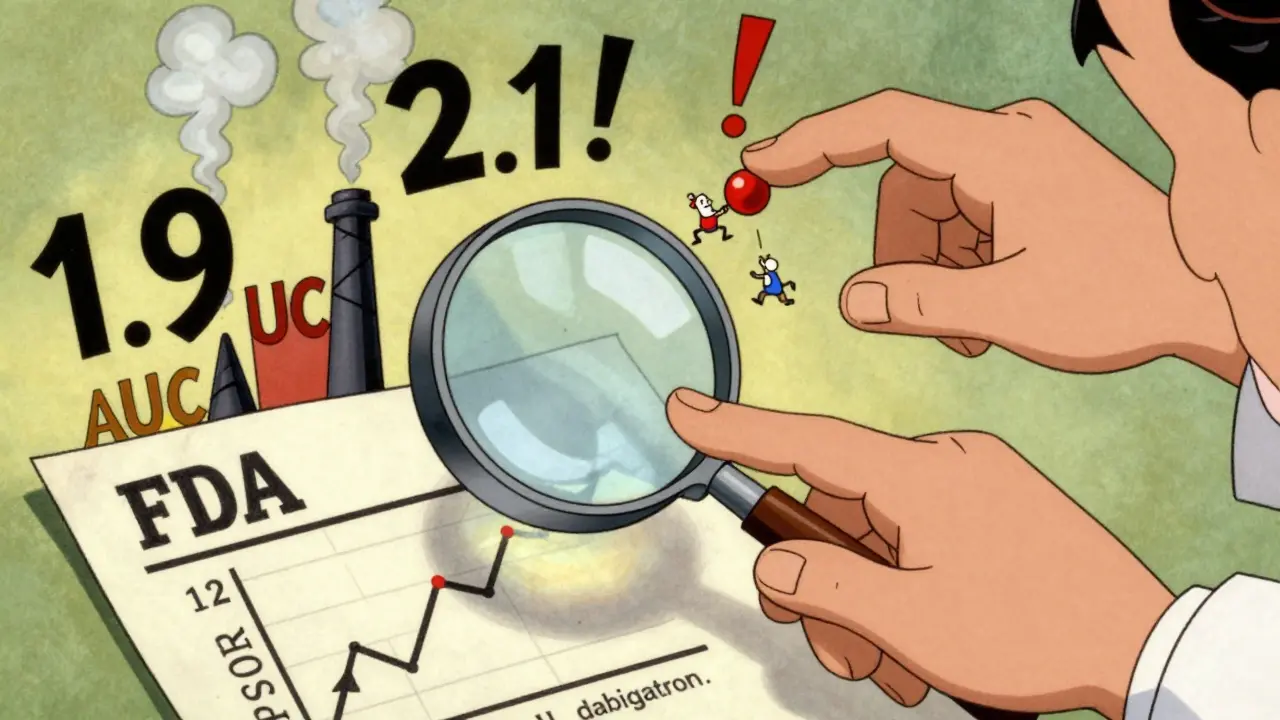 Pharmacist using magnifying glass to study AUC increase graphs in Section 12 of a drug label.