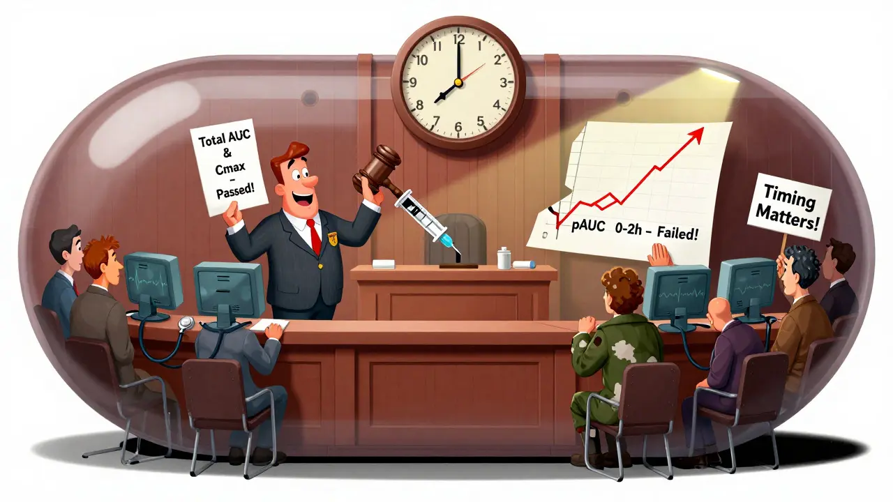 Pill-shaped courtroom with brand and generic drugs arguing before a judge, jury of medical tools, spotlight on early drug absorption curve.