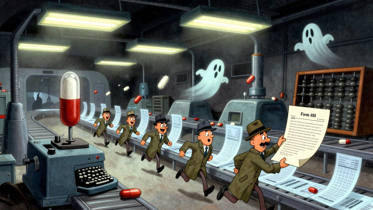 Pills with ghosting data float above a chaotic factory floor as tiny inspectors chase erased records on conveyor belts.