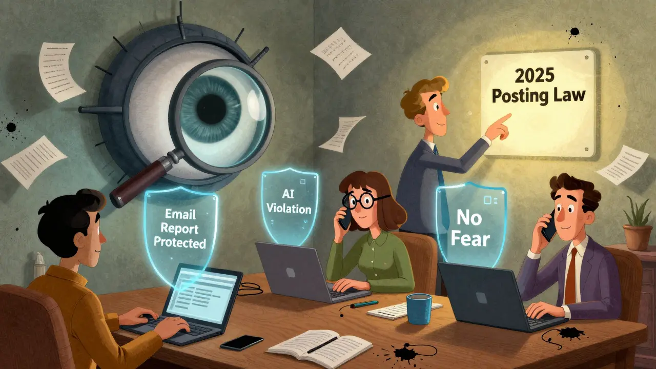 Remote workers are shielded from corporate surveillance, with digital protections and a 2025 posting notice visible.