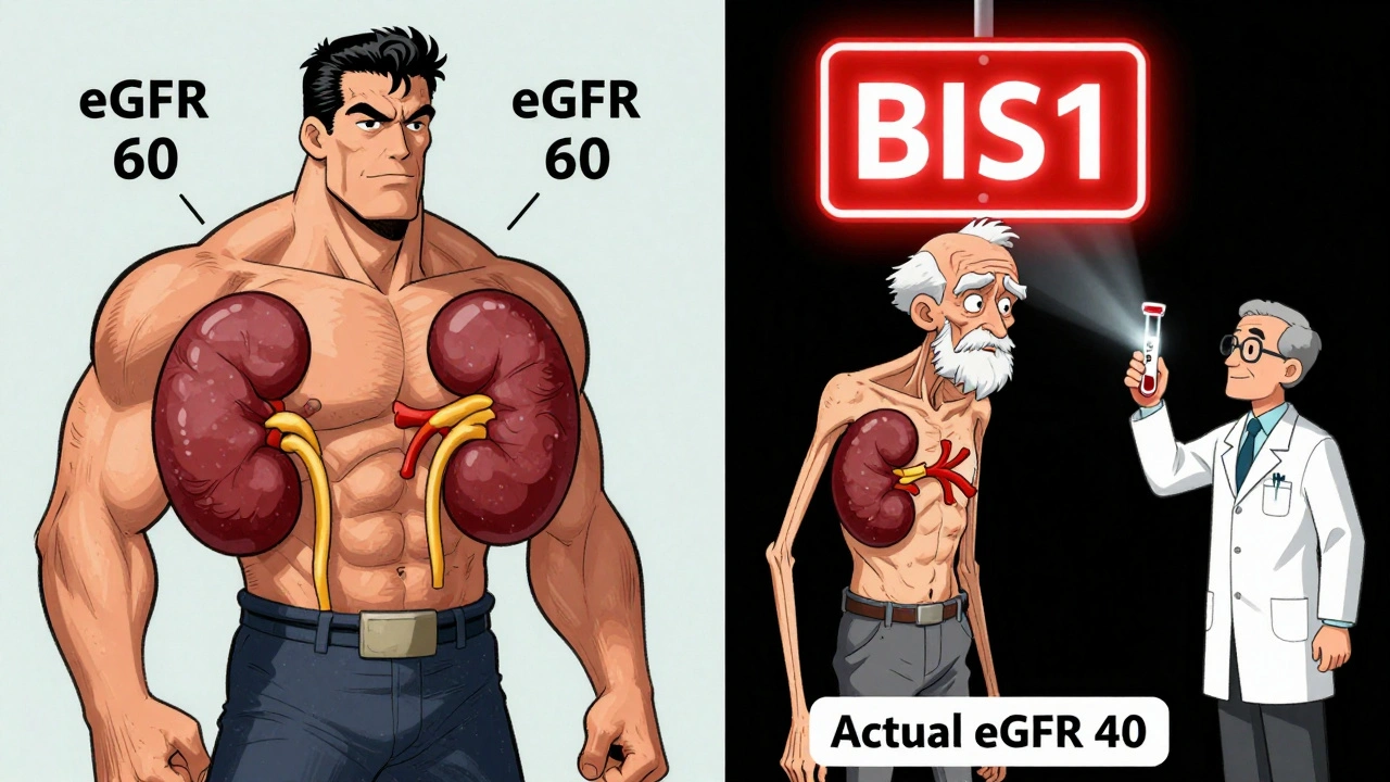 Side-by-side: a healthy athlete and a frail senior with identical creatinine levels, but vastly different kidney function — BIS1 accuracy glows above the senior.