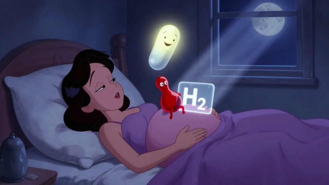 Sleeping pregnant woman with glowing famotidine pill blocking acid blob, moonlit room, floating pillows.