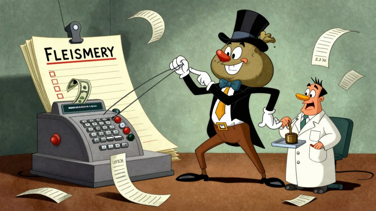 Sneaky PBM executive pulling strings to drain money from a small pharmacy, with clawback receipts flying like birds.