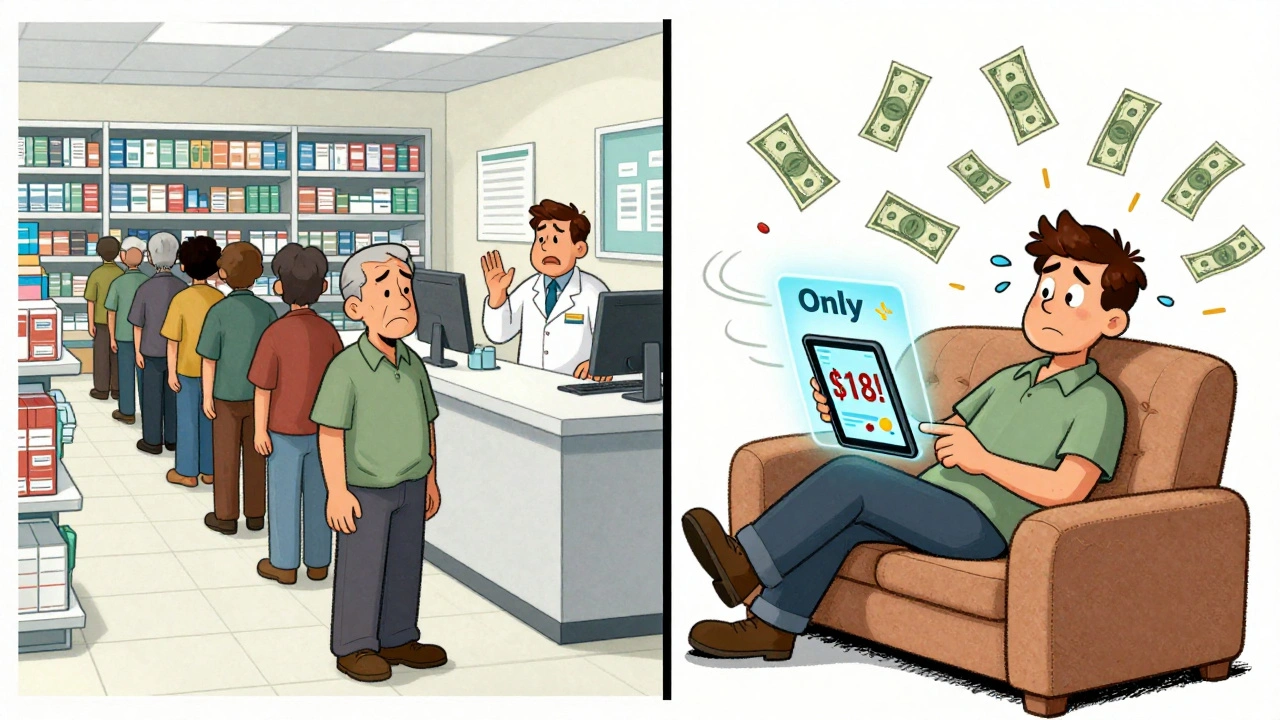 Split cartoon scene: chaotic pharmacy line vs. relaxed person ordering pills online with price tags flying.