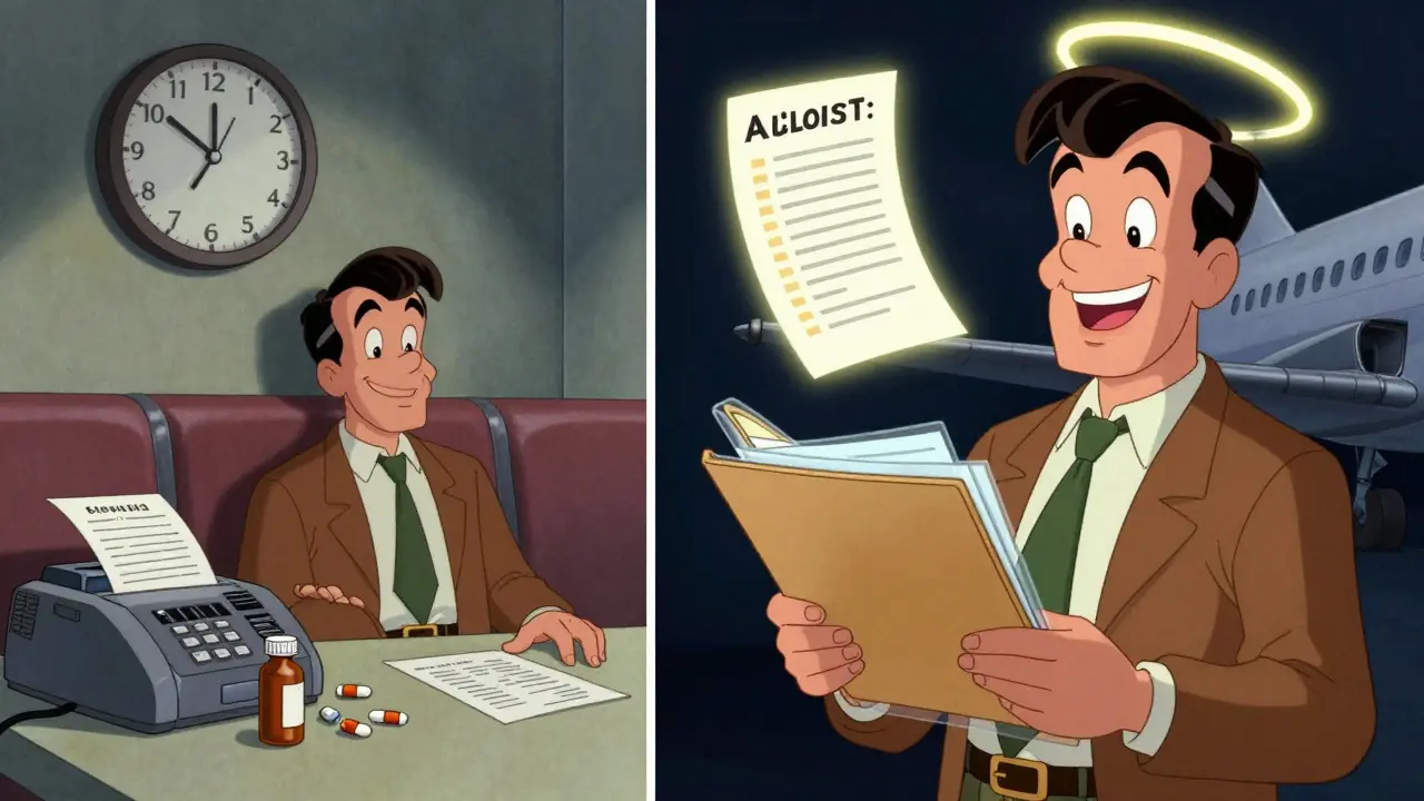 Split scene: detained traveler vs. smoothly boarding plane with organized documents