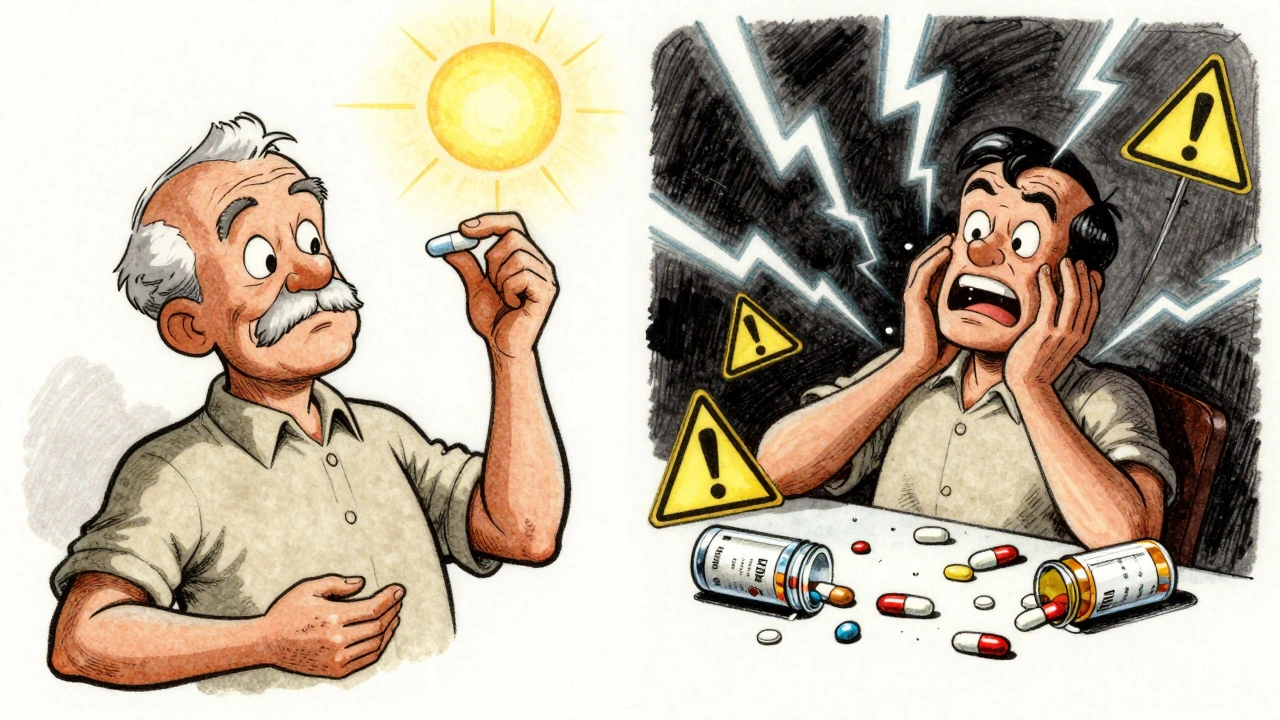 Split scene: peaceful elderly man taking safe painkiller vs. another convulsing from dangerous drug interaction in classic cartoon style.
