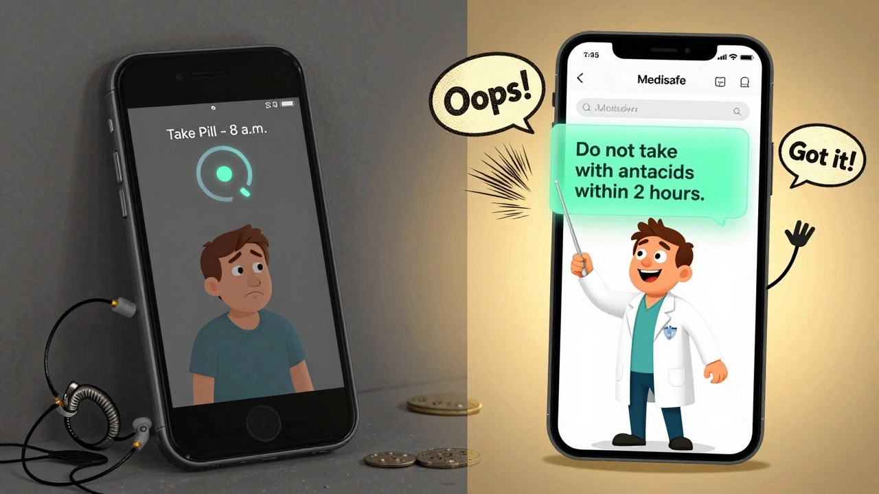 Split-screen showing a basic alarm app vs. a smart medication app interpreting label instructions with a cartoon pharmacist.