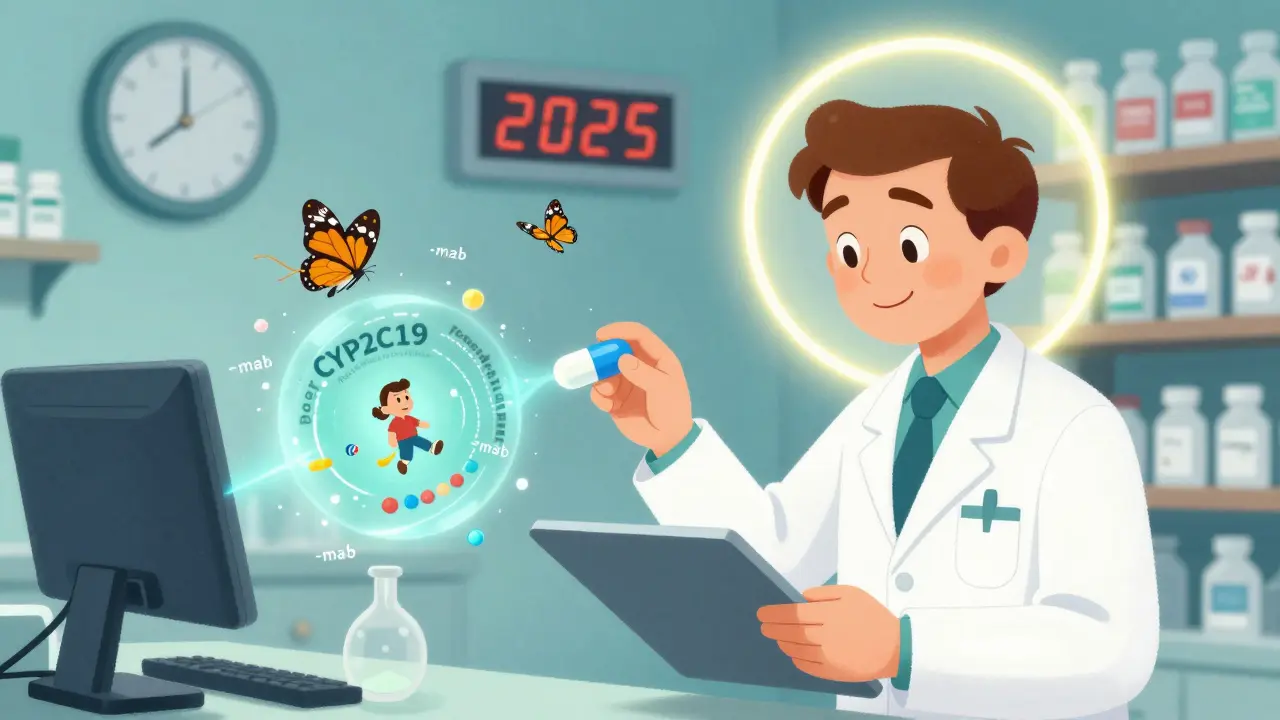 Technician scanning a pill that reveals a genetic code as biosimilars flutter like butterflies.