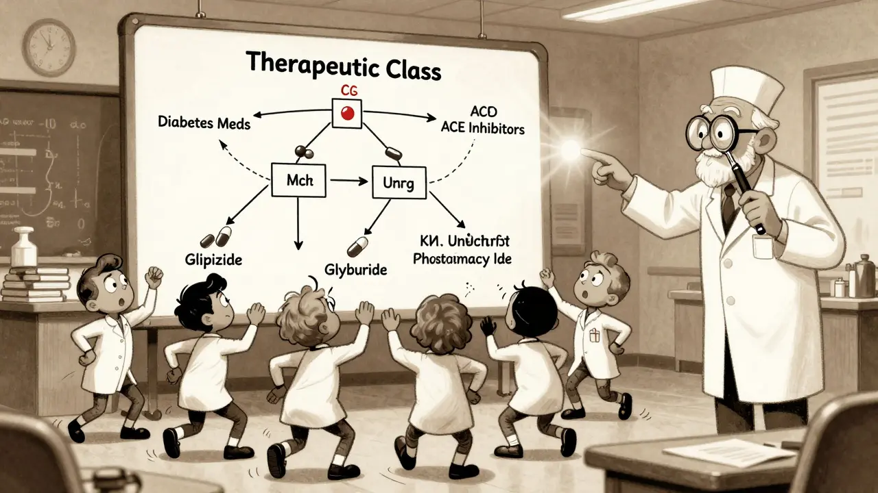 Trainees learning drug classes from a floating animated pill chart with expressive characters.