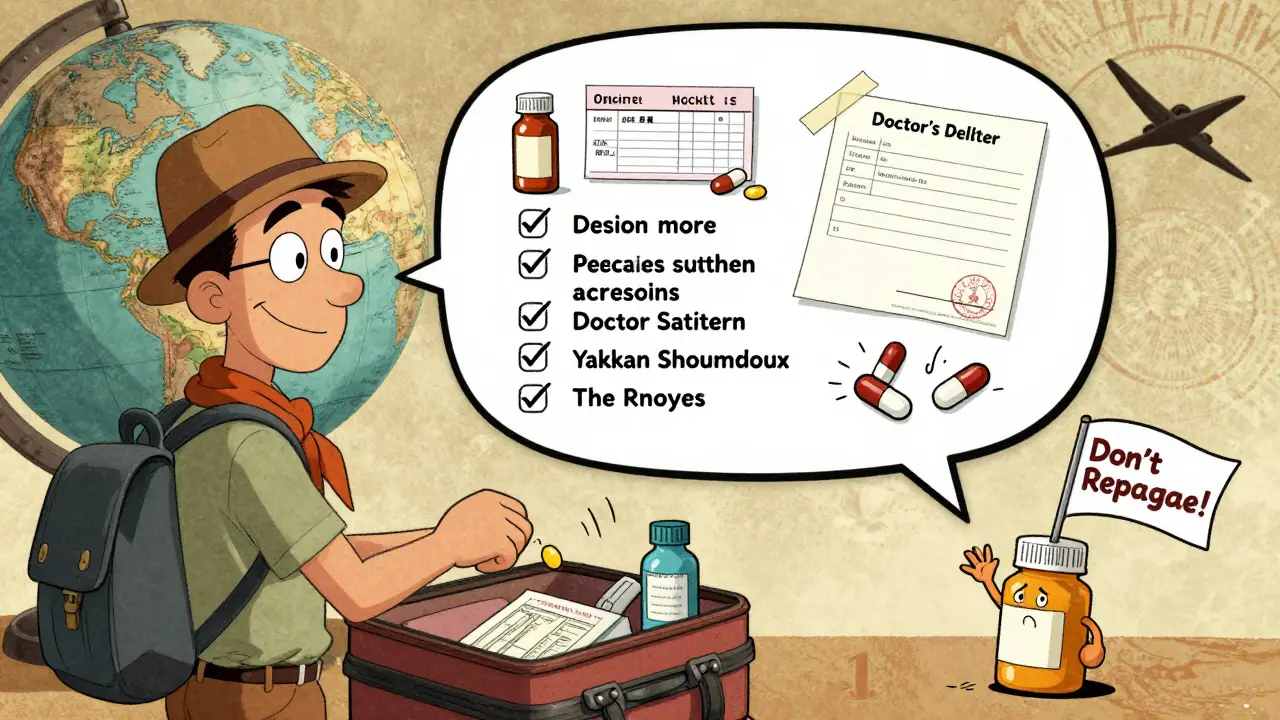Traveler packing meds with floating checklist and warning pill, vintage globe in background
