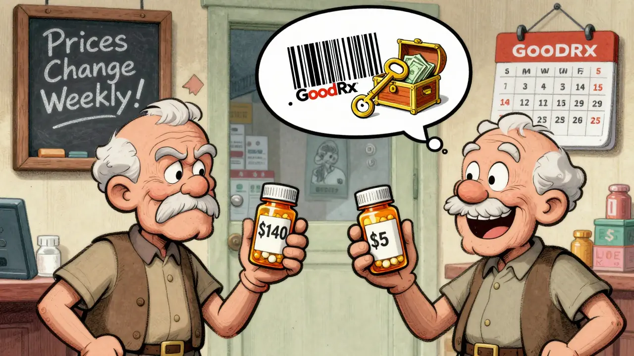 Two people compare pill prices—one paying 0 in sadness, the other  in joy, with a GoodRx barcode turning into a golden key.