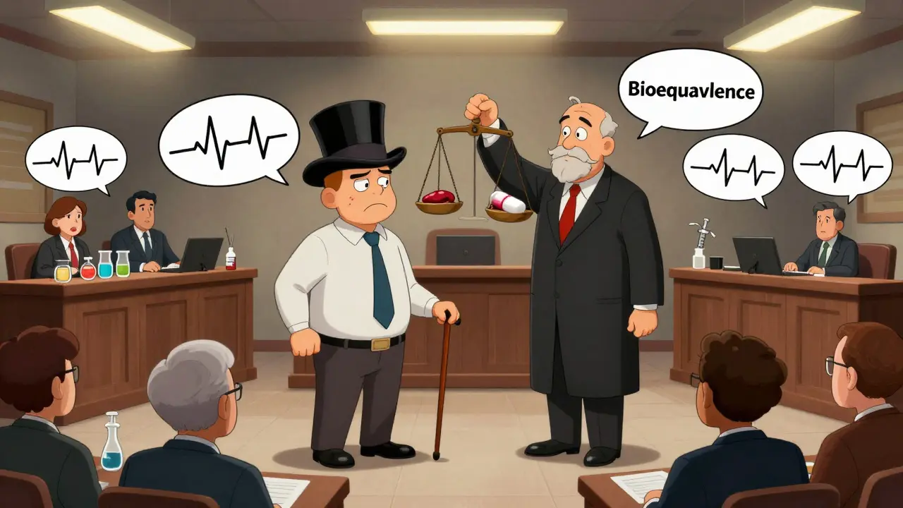 A brand-name pill on trial against a generic version in a courtroom, judged by a scale balancing blood clot and bleeding.