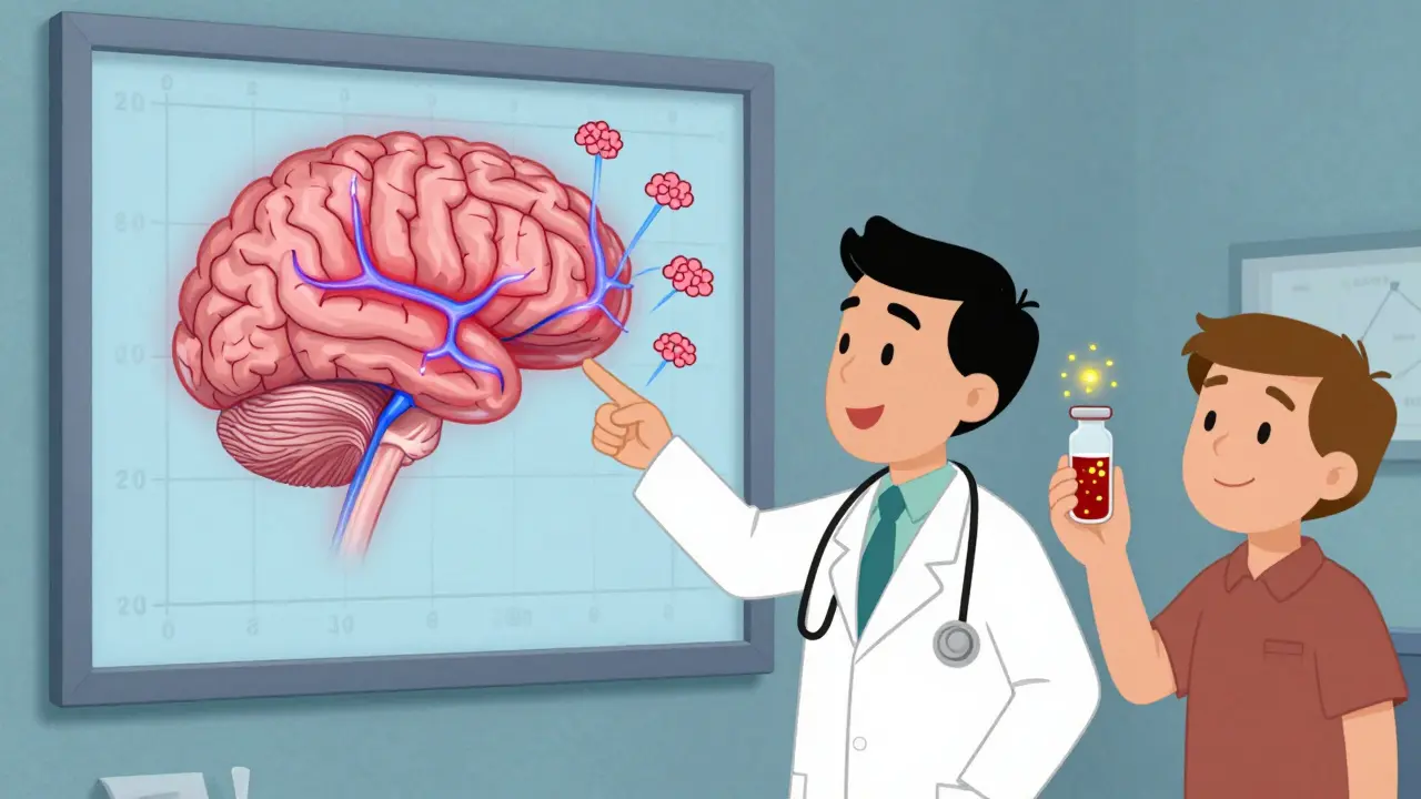 A doctor explains a brain health chart with glowing neural pathways and amyloid plaques as a patient holds a blood vial.
