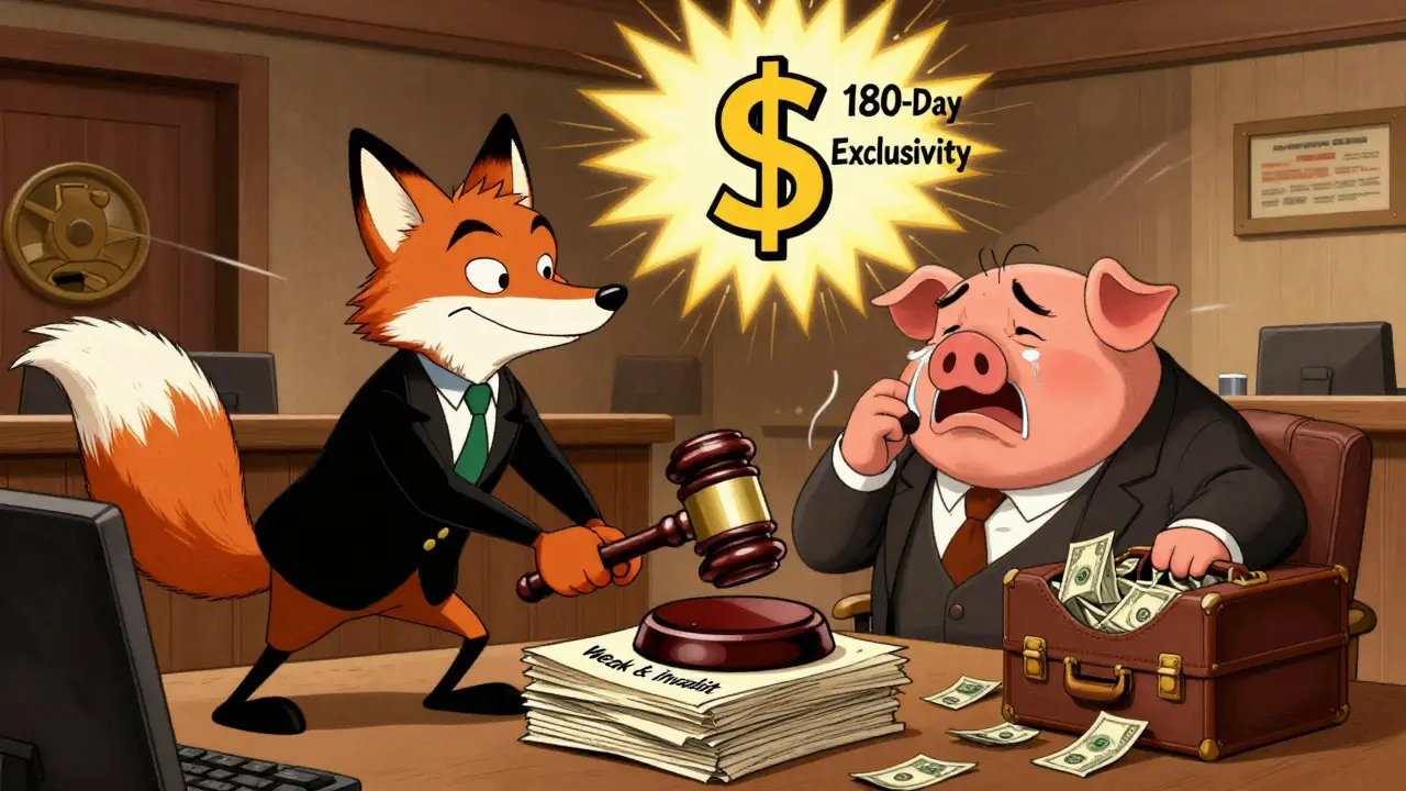 A fox lawyer wins a courtroom battle over invalid patents, with a giant 180-day exclusivity dollar sign shining above.