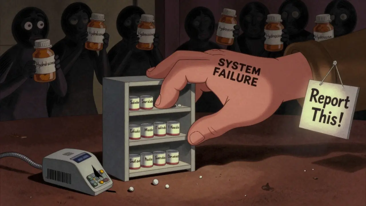 A giant hand crushing a pharmacy shelf labeled 'Safe Meds' while broken scanners lie nearby.