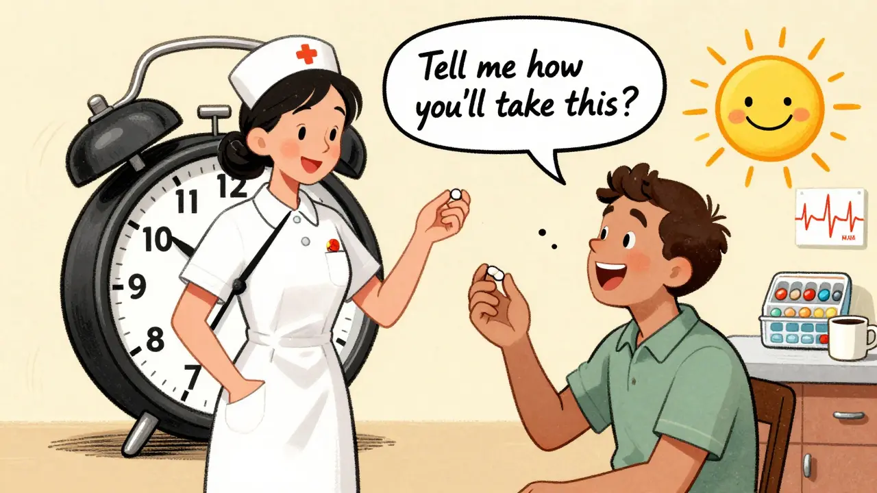 A nurse and patient act out pill-taking with a giant alarm clock, illustrating morning and night doses.