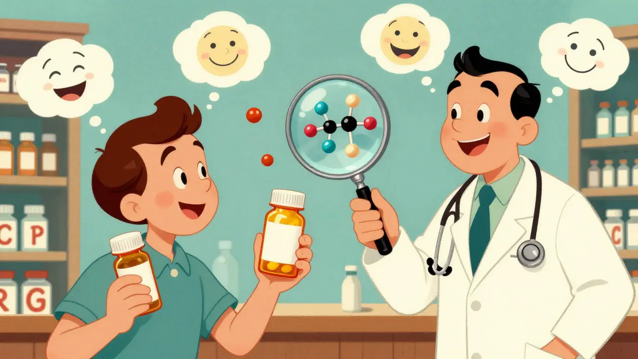 A patient and doctor comparing pill bottles with molecular structures floating in thought bubbles.