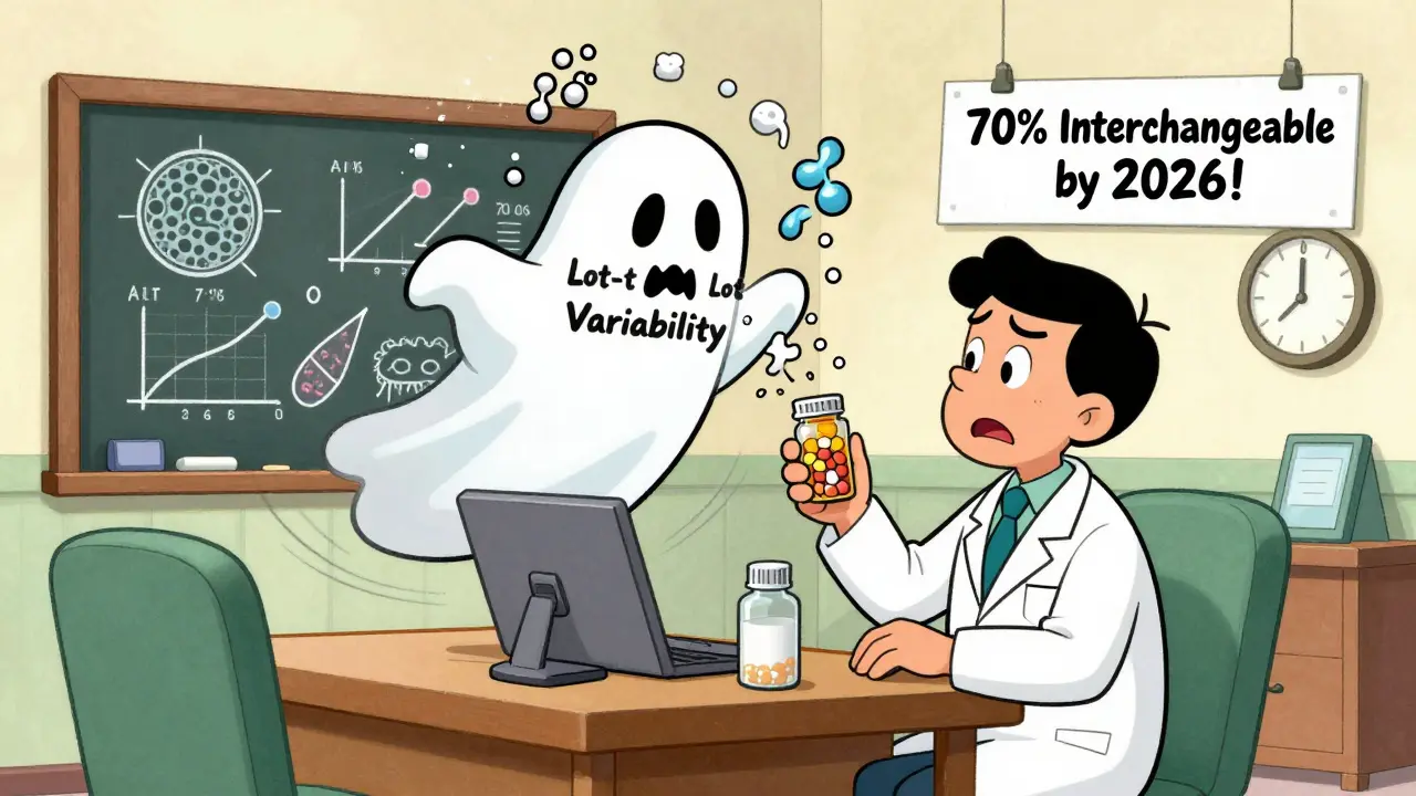 A patient and doctor with a ghost made of proteins symbolizing lot variability in biologics.