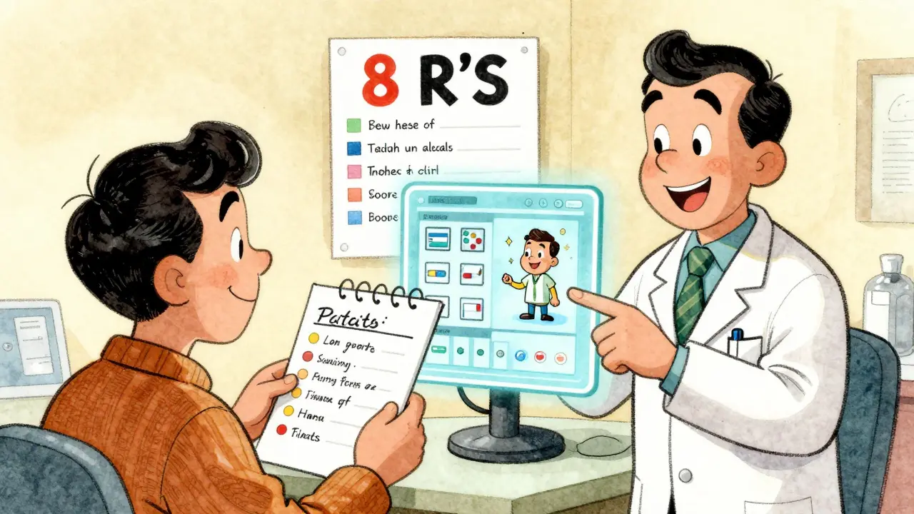 A patient and pharmacist review a personalized drug list with a glowing AI screen and an '8 R's' checklist.