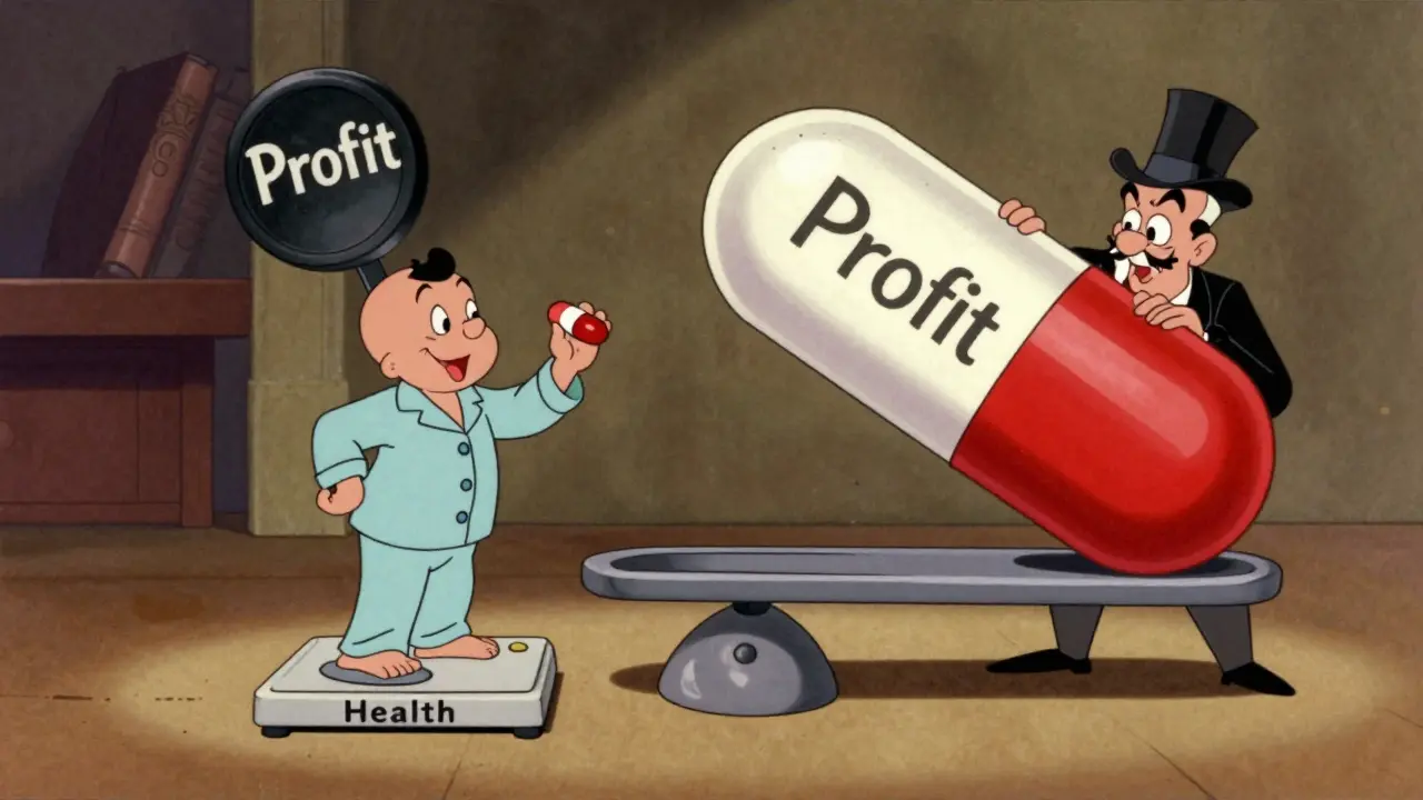 A patient balances a branded pill and authorized generic on a health scale, with a sneaky CEO trying to cheat.