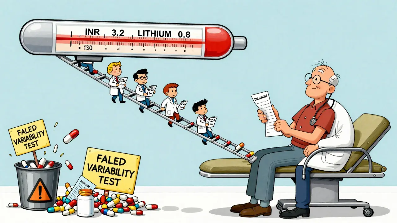 A patient on an exam table with a ladder of generic pills and floating medical readings, while doctors test bioequivalence.