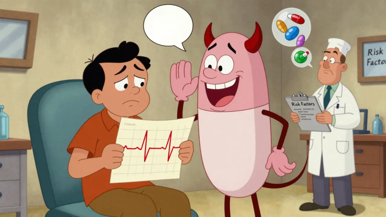 A patient with a scary methadone pill whispering as they hold an ECG showing a long QT interval, with risk factor icons floating around.