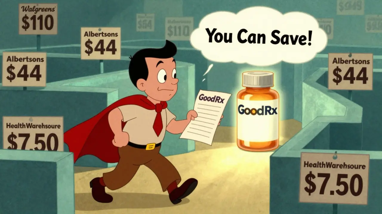 A person walks through a maze of inflated drug prices toward a bright generic pill bottle, guided by a GoodRx map in classic cartoon style.