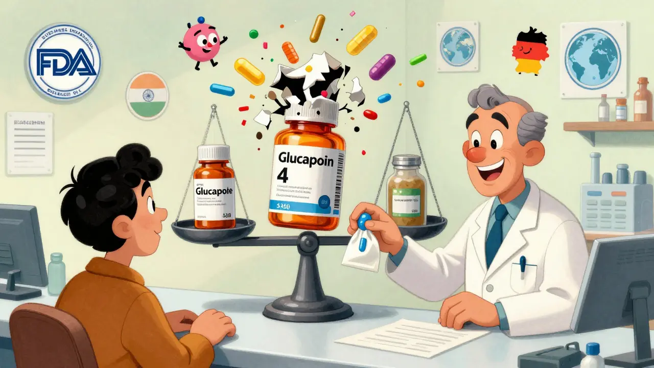 A pharmacist hands a patient a low-cost generic pill as a giant brand-name box crumbles into confetti.