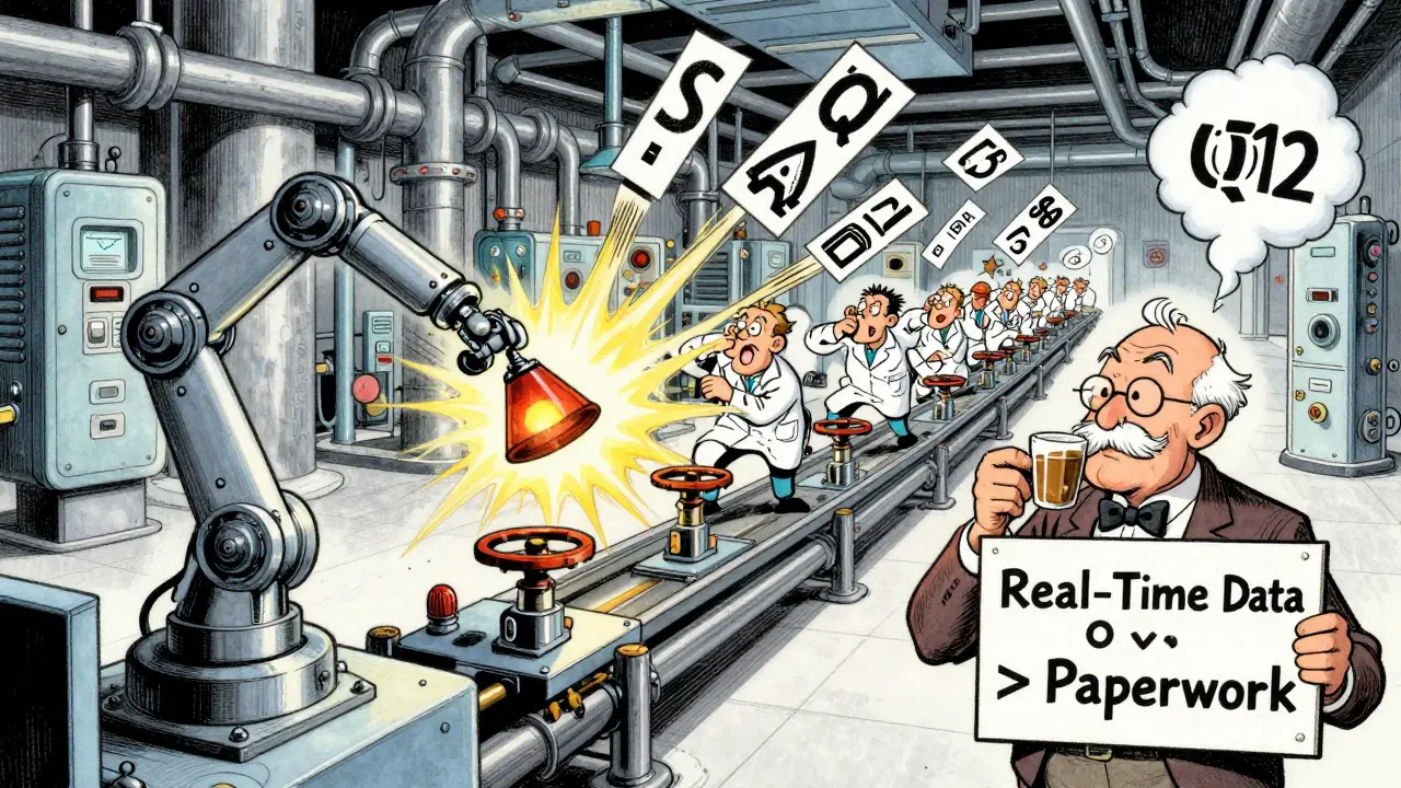 A robotic valve replacement triggers chaos in a continuous manufacturing line, with warning letters chasing scientists under a wise manager's calm gaze.