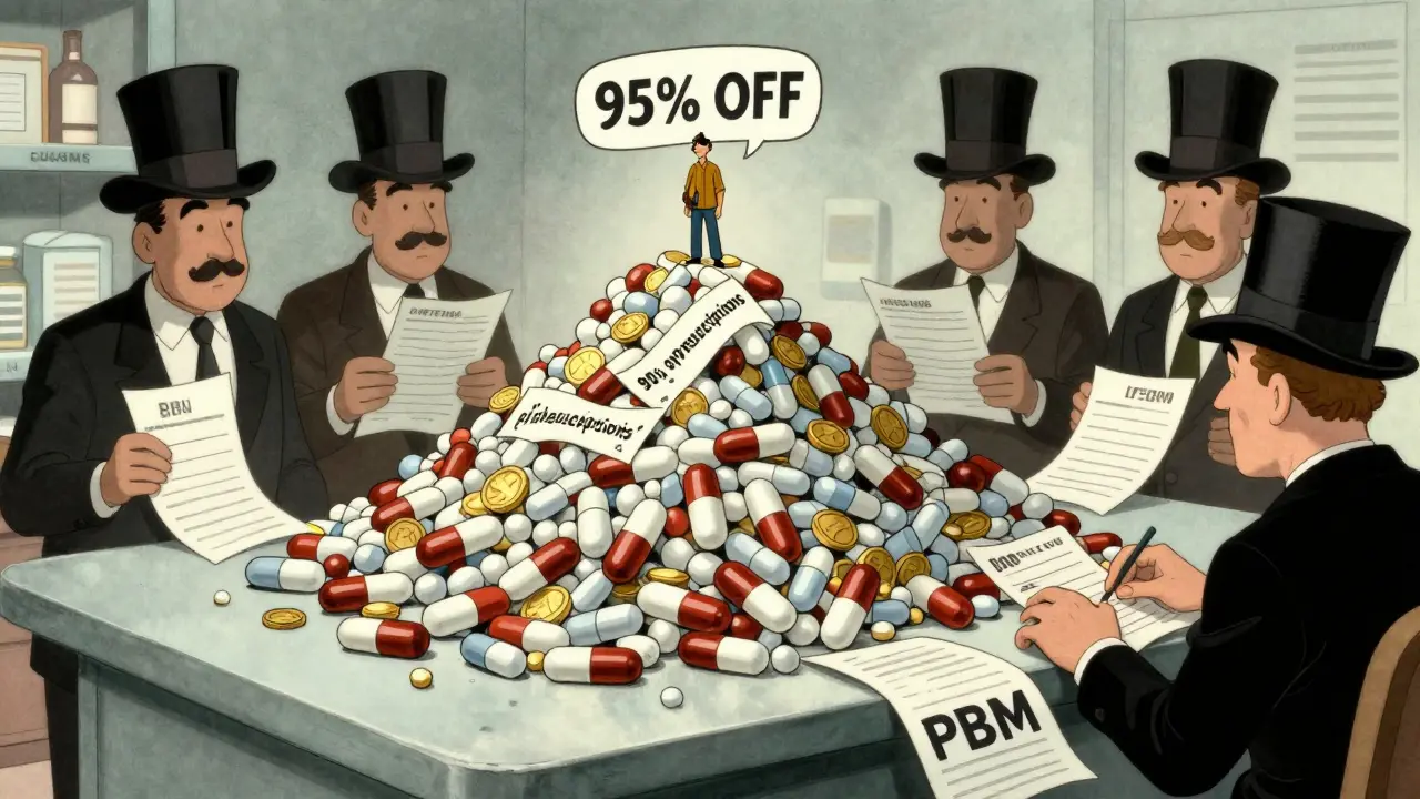 A tiny patient stands on a mountain of generic pills while shadowy middlemen hide behind receipts in 1930s animation style.