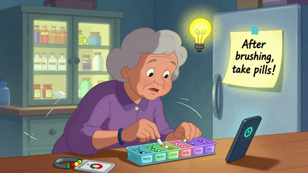 A woman fills a weekly pill organizer with labeled compartments, guided by a sticky note and phone reminder.